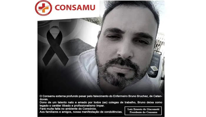 Catanduvas - Secretaria de Saúde de Catanduvas e Consamu emitem nota de pesar pelo falecimento do enfermeiro Bruno Bruchez vítima da Covid-19 