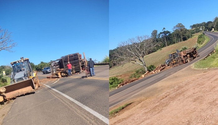 Nova Laranjeiras - Caminhão tomba após toras se soltarem na carroceria na BR-277