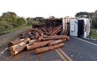 Pinhão - Caminhão carregado de madeira tomba na PR-170