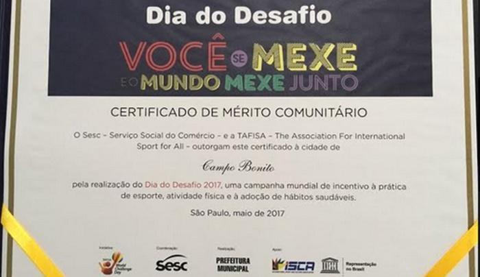 Campo Bonito - Cidade recebe certificado pelo dia do Desafio