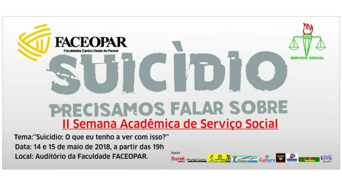 Laranjeiras - Faceopar organiza evento sobre suicídio, dia 14 e 15 próximos