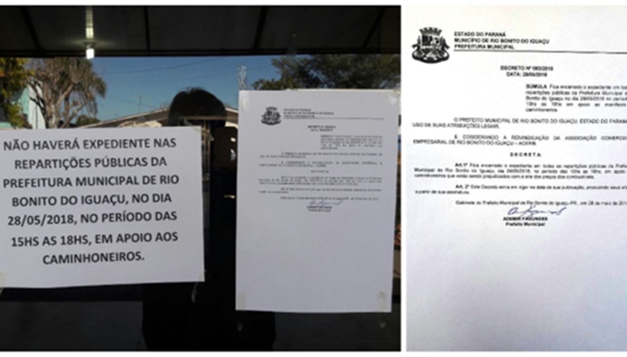 Rio Bonito - Prefeitura encerrará expediente nesta segunda ás 15h em apoio à paralisação nacional dos caminhoneiros