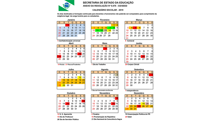 Divulgado Calendário escolar 2019 da Educação Básica do Paraná