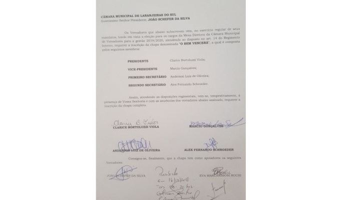 Laranjeiras – Nova chapa foi registrada e concorrerá hoje(17) a presidência da Câmara de Vereadores