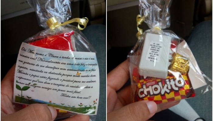 Com medo de incomodar, pais distribuem doces na primeira viagem de avião de bebê