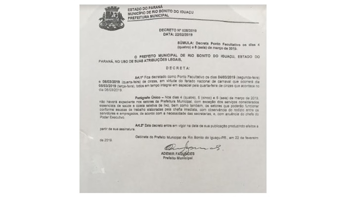 Rio Bonito - Governo Municipal informa decreto de facultativo devido ao Carnaval 2019
