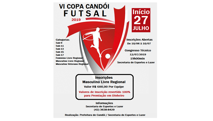 Candói - Estão abertas as inscrições para a VI Copa Candói de Futsal 2019