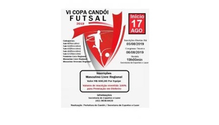 Candói - Inscrições para a VI Copa Candói de Futsal 2019 são prorrogadas