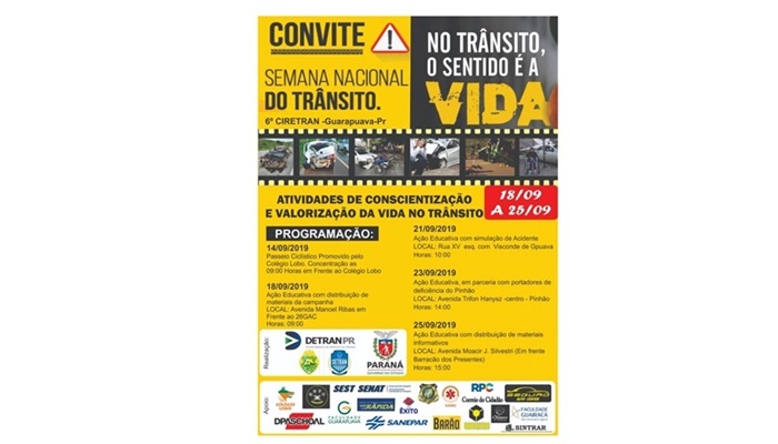 Pinhão - Semana Nacional do Trânsito terá ações de conscientização em frente à Prefeitura na próxima segunda-feira