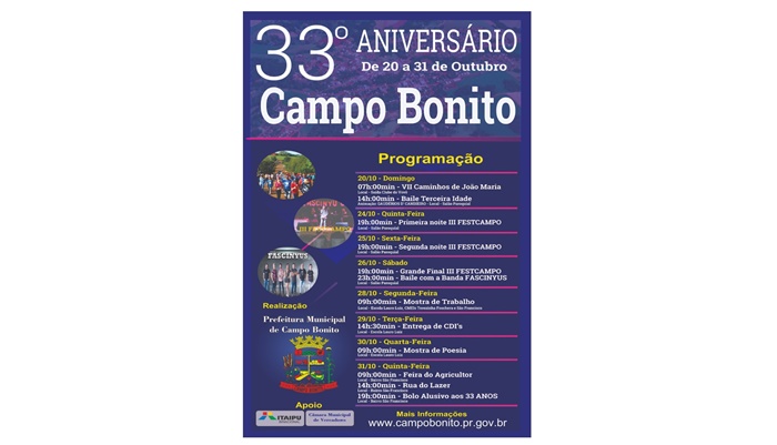 Campo Bonito - Município comemora 33 anos