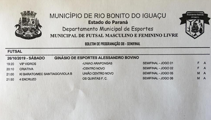 Rio Bonito - Semifinais do Municipal de Futsal Livre Masculino e Feminino é neste sábado dia 26