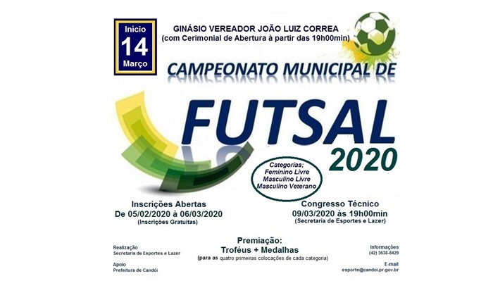 Candói - Inscrições para o Campeonato Municipal de Futsal 2020 abrem nesta quarta dia 05