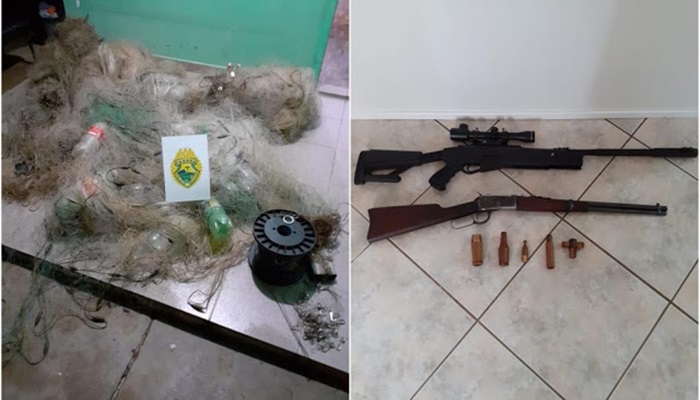 Pinhão - Polícia Ambiental apreende armas e material de pesca em alagado da região 