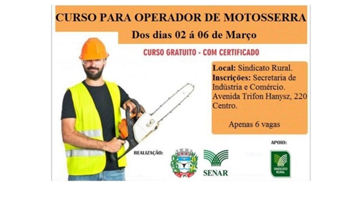 Pinhão - Prefeitura abre inscrições para curso profissionalizante gratuito de operador de motosserra