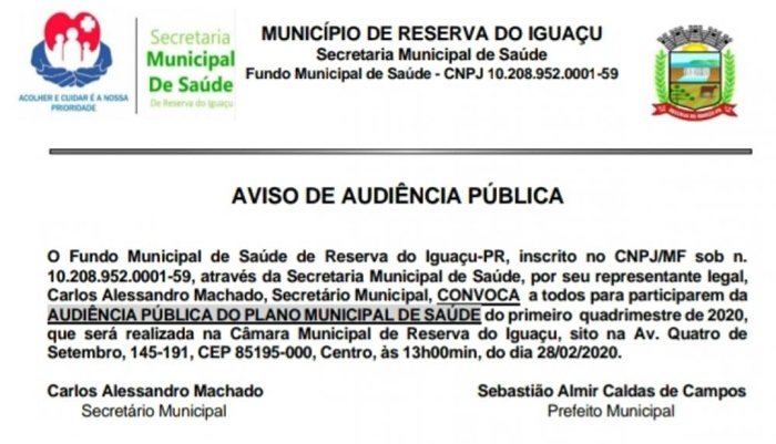 Reserva do Iguaçu - Secretaria de Saúde convoca a população para Audiência Pública