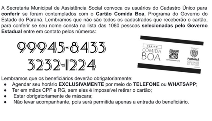Guaraniaçu - Prefeitura Municipal, através da Secretaria Municipal de Assistência Social, começa a distribuir o 'Cartão Comida Boa'