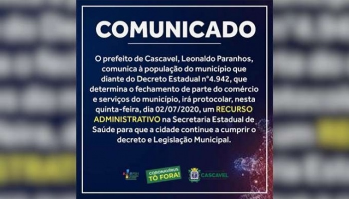 Prefeitura de Cascavel vai recorrer para manter decreto municipal