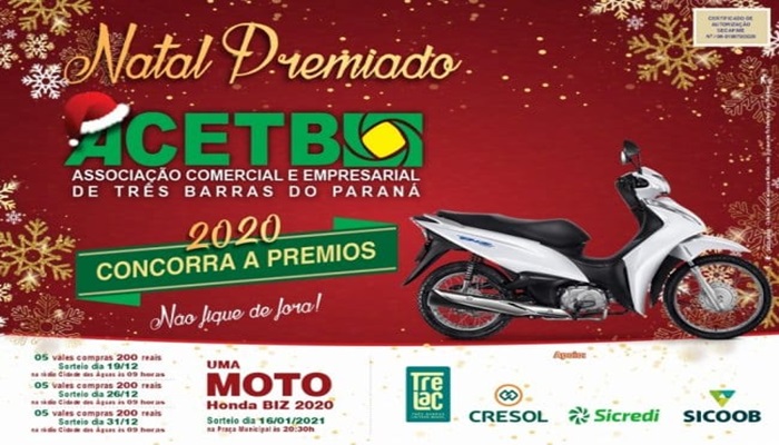 Três Barras - Associação Comercial fará sorteio da moto ‘Campanha de Natal’ no sábado 