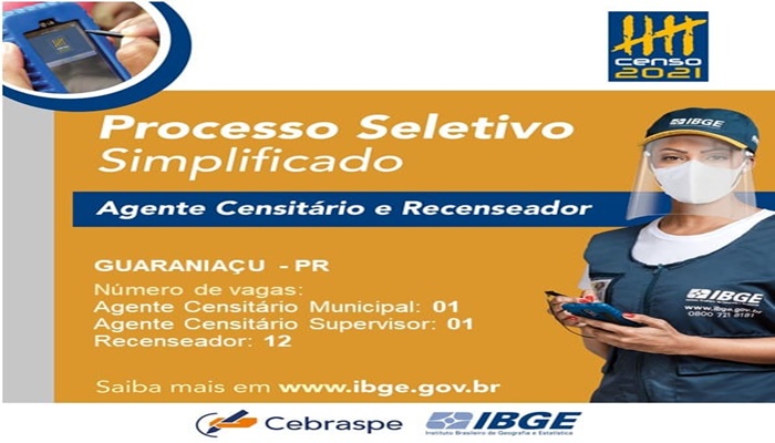 Guaraniaçu - IBGE abre inscrições para Agente Censitário Municipal, Agente Censitário Supervisor e Recenseador