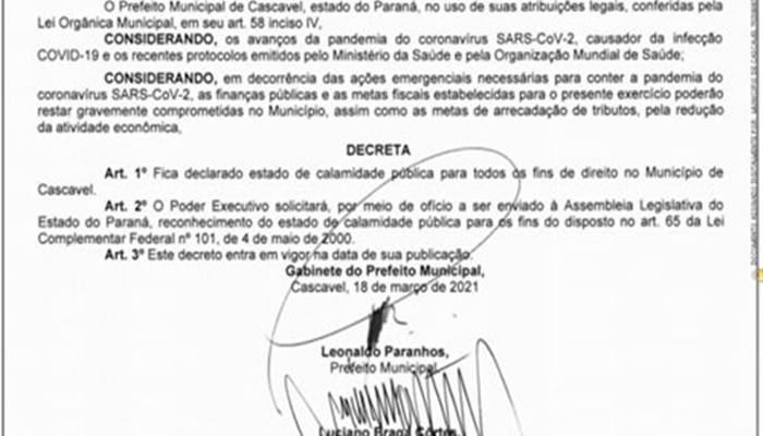 Prefeitura Municipal de Cascavel decreta Estado de Calamidade Pública