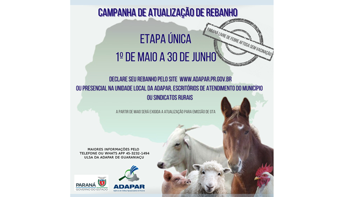 Guaraniaçu - ADAPAR comunica início da Campanha de Atualização de Rebanho em etapa única 