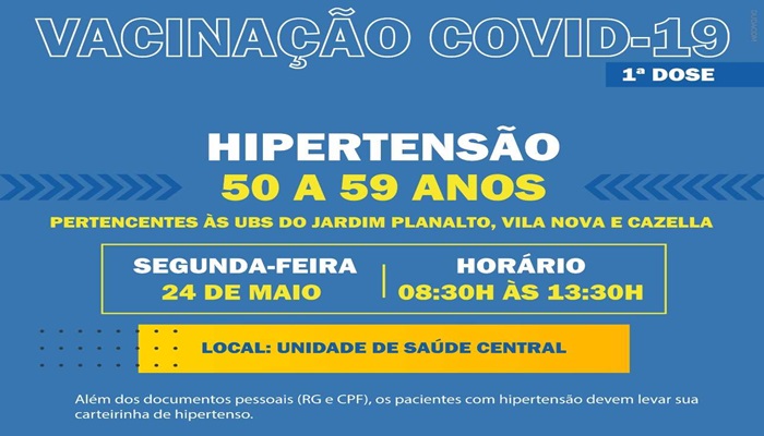 Guaraniaçu - Vacinação nesta segunda-feira contra a Covid- 19 - 1ª Dose será para hipertensos 