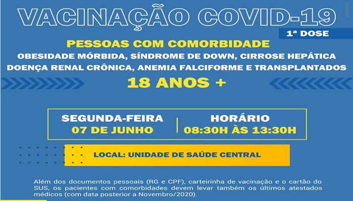 Guaraniaçu - Vacinação contra a COVID-19 -1ª Dose para pessoas com comorbidades 