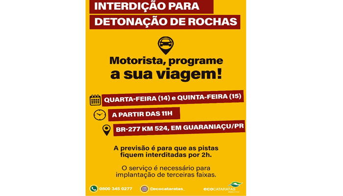 Guaraniaçu - PRF e Ecocataratas confirmam mais interdições na BR 277 em Guaraniaçu para próxima quarta e quinta 