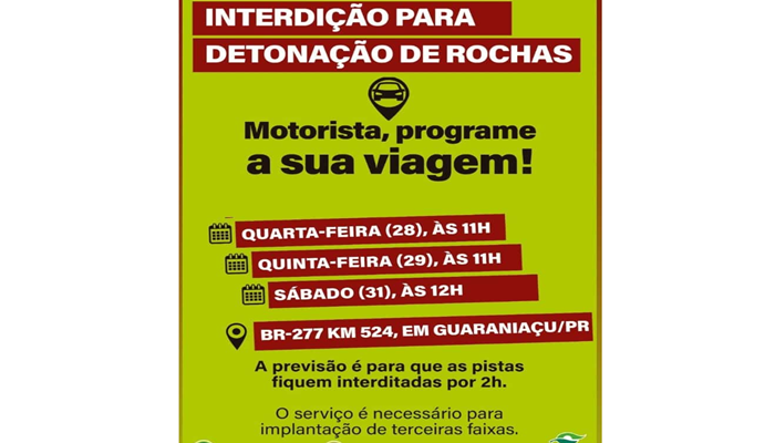 Guaraniaçu - Programe sua Viagem!!! BR 277 em Guaraniaçu será interditada para nova detonação de rochas 