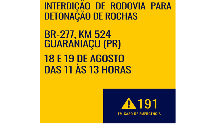 Guaraniaçu - Programada para esta semana novas detonações de rocha na BR-277