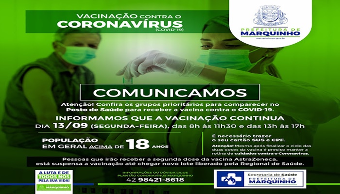 Marquinho - Prefeitura convoca novo grupo para vacinação contra o COVID-19