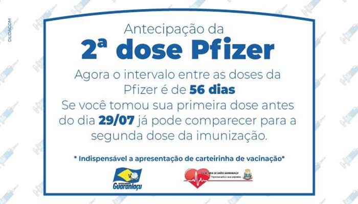 Guaraniaçu - Vacinação contra a COVID-19 - antecipação da 2ª Dose da Pfizer