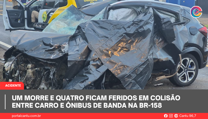 Um morre e quatro ficam feridos em colisão entre carro e ônibus de banda na BR-158