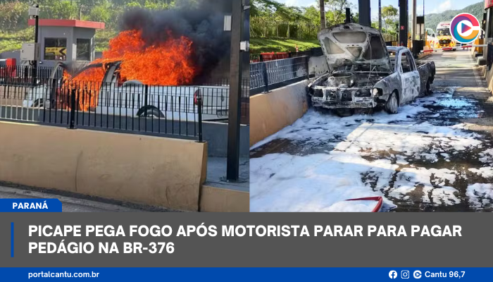 Picape pega fogo após motorista parar para pagar pedágio na BR-376