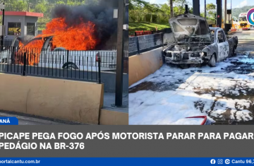 Picape pega fogo após motorista parar para pagar pedágio na BR-376