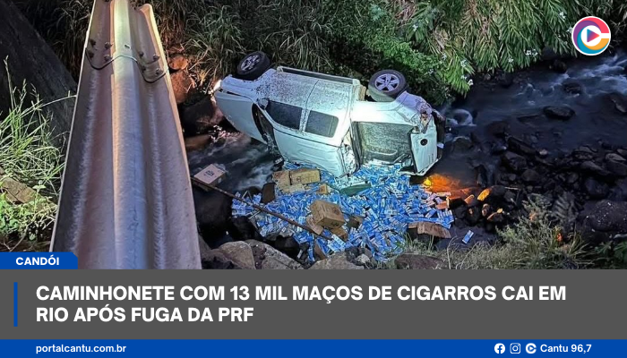 Candói - Caminhonete com 13 mil maços de cigarros cai em rio após fuga da PRF