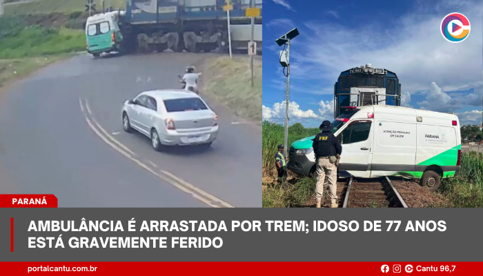 Ambulância é arrastada por trem; idoso de 77 anos está gravemente ferido