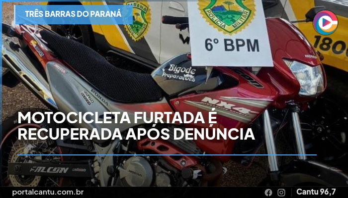 Três Barras do Paraná - Motocicleta furtada é recuperada após denúncia