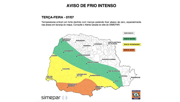 Massa de ar polar divide o Paraná semana será gelada no Sul e quente no Norte do Estado