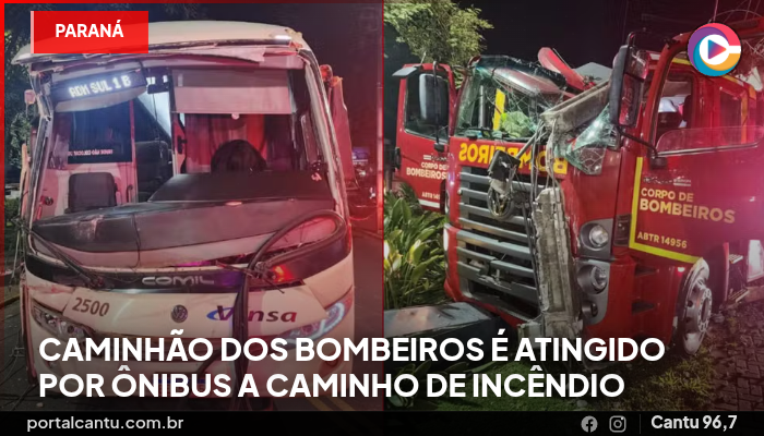 Foto: Reprodução Caminhão dos bombeiros é atingido por ônibus a caminho de incêndio