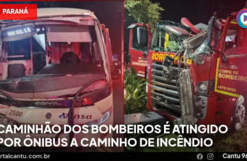 Caminhão dos bombeiros é atingido por ônibus a caminho de incêndio