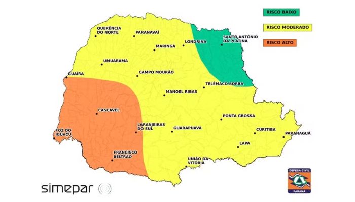 Alerta de temporais para quarta-feira (29) — Foto: Simepar/Defesa Civil Paraná recebe alerta de tempestades pontuais com ventos de até 100 km/h em 131 cidades; veja quais
