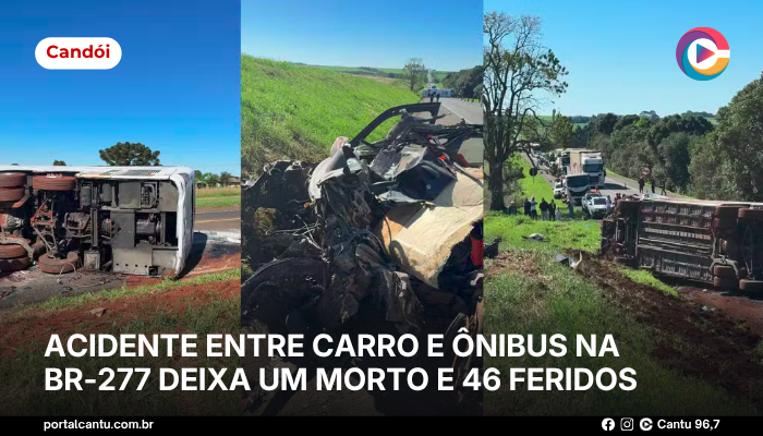 Foto: Reprodução Candói - Acidente entre carro e ônibus na BR-277 deixa um morto e 46 feridos
