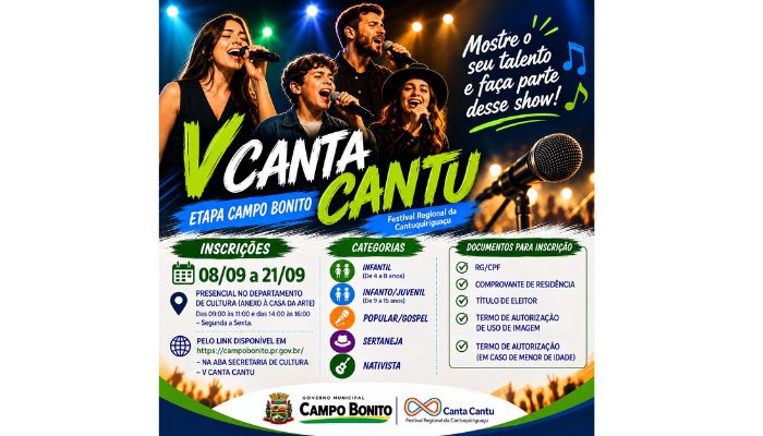 Canta Cantu: inscrições abertas para a etapa de Campo Bonito