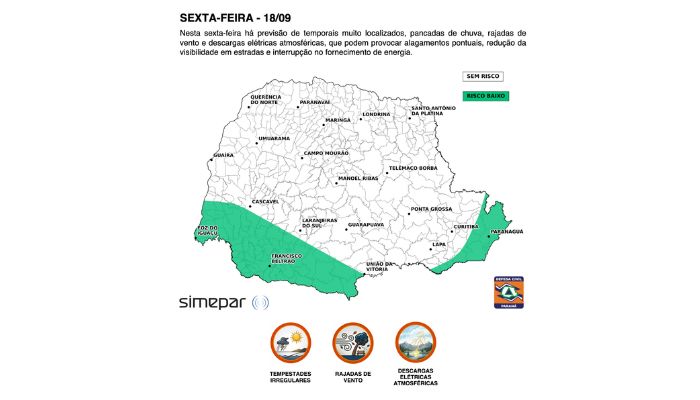 Chuva volta ao Paraná nesta sexta e permanece até terça-feira, prevê Simepar