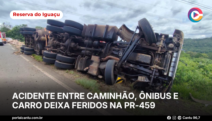 Reserva do Iguaçu - Acidente entre caminhão, micro-ônibus e carro deixa feridos na PR-459